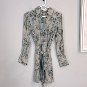 Michael Kors beige Paisley pull over long sleeve belted silk dress